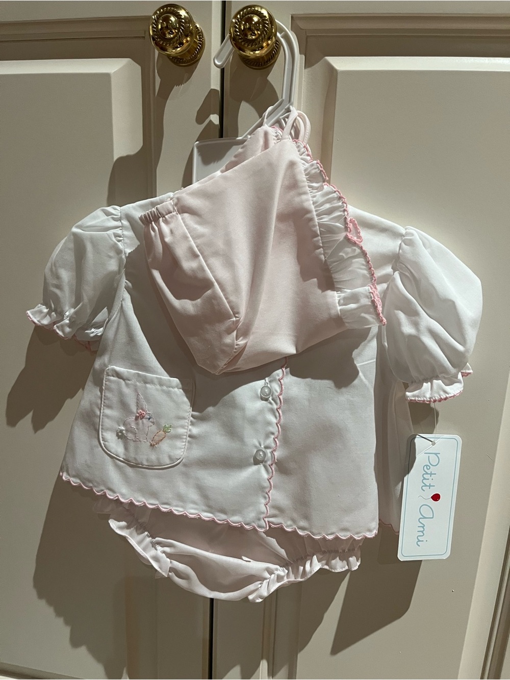 Petit Ami White and Light Pink Baby Dress Set with Bonnet 3M